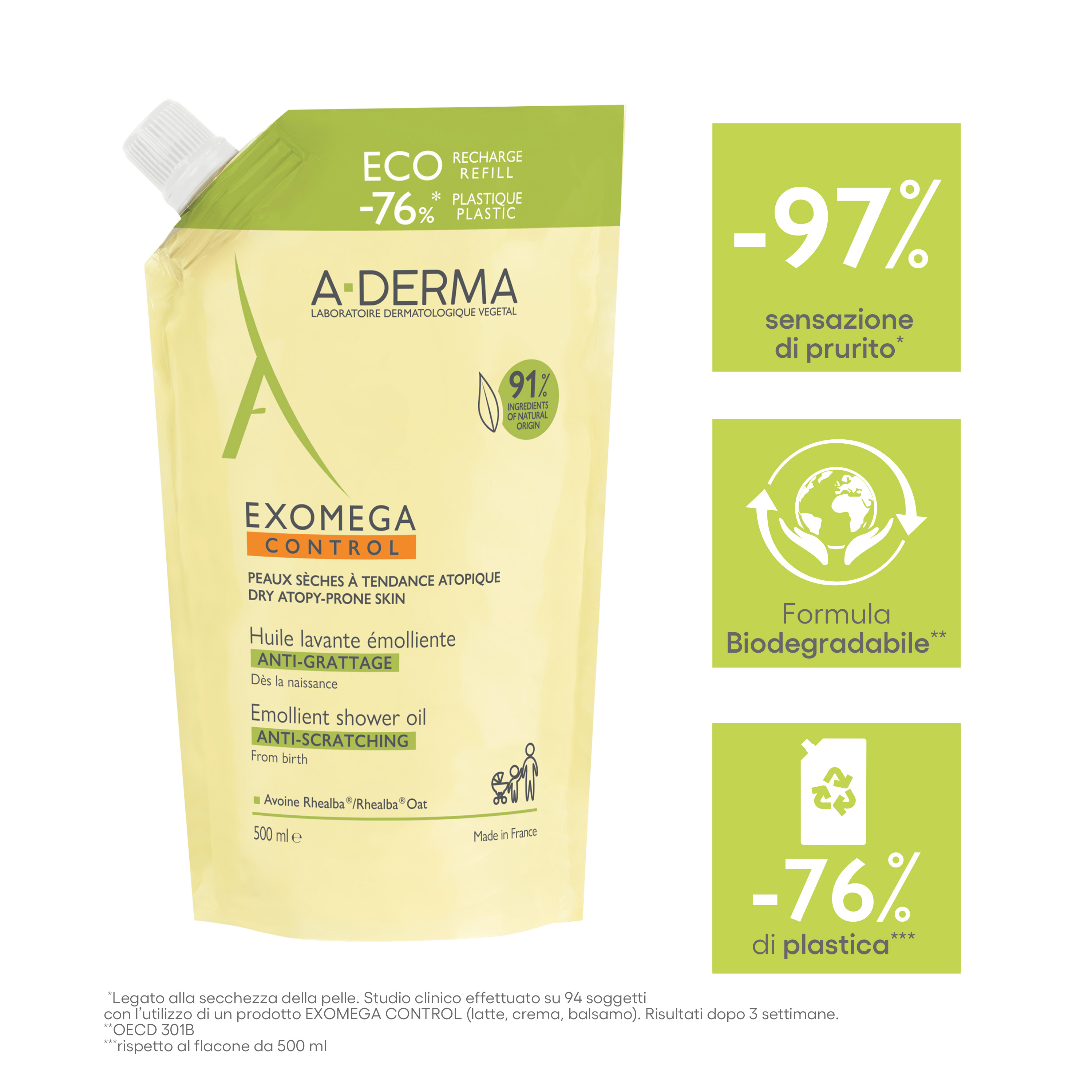 A-Derma Exomega control Special Pack  1+1 Olio lavante emolliente 500ml + Eco Ricarica 500ml, pelle secca e/o a tendenza atopica 