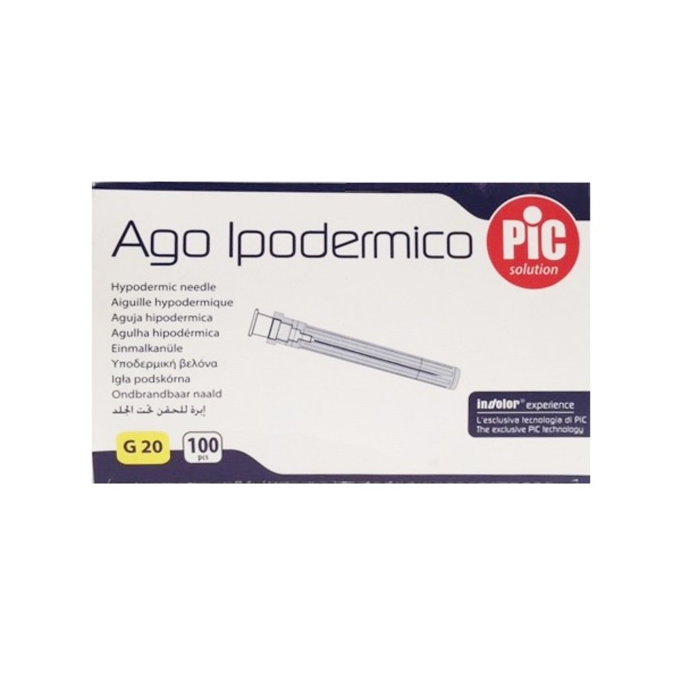 Pic Ago Ipogliss 20G Venopic Peel Pack Cono Luer Lock 40 mm CODICE COLORE GIALLO 100 PEZZI