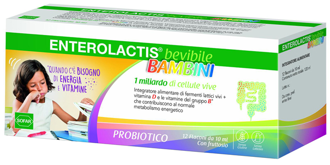 Enterolactis Bambini Bevibile, Integratore Alimentare con Fermenti lattici, probiotici L,Casei DG, 1 Miliardo Cellule Vive, Con Fruttosio, Senza Glutine e Lattosio, 12 Flaconcini da 10ml, Gusto Lampone