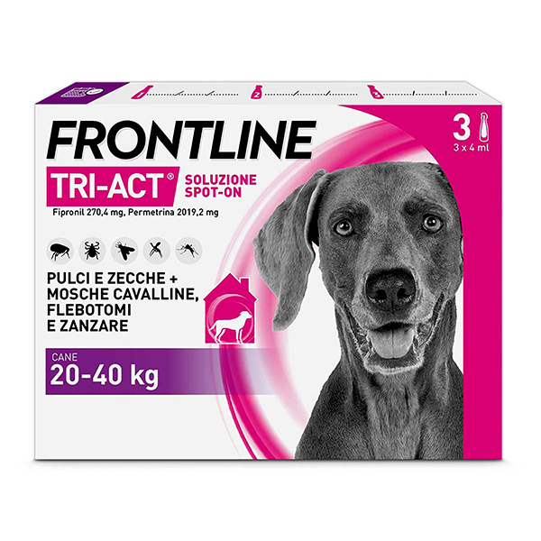 Frontline Tri-Act x3 Pipette, Antiparassitario Per Cani e Cuccioli (Taglia L 20-40Kg) Contro Pulci, Zecche, Zanzare, Pappataci e Leishmaniosi