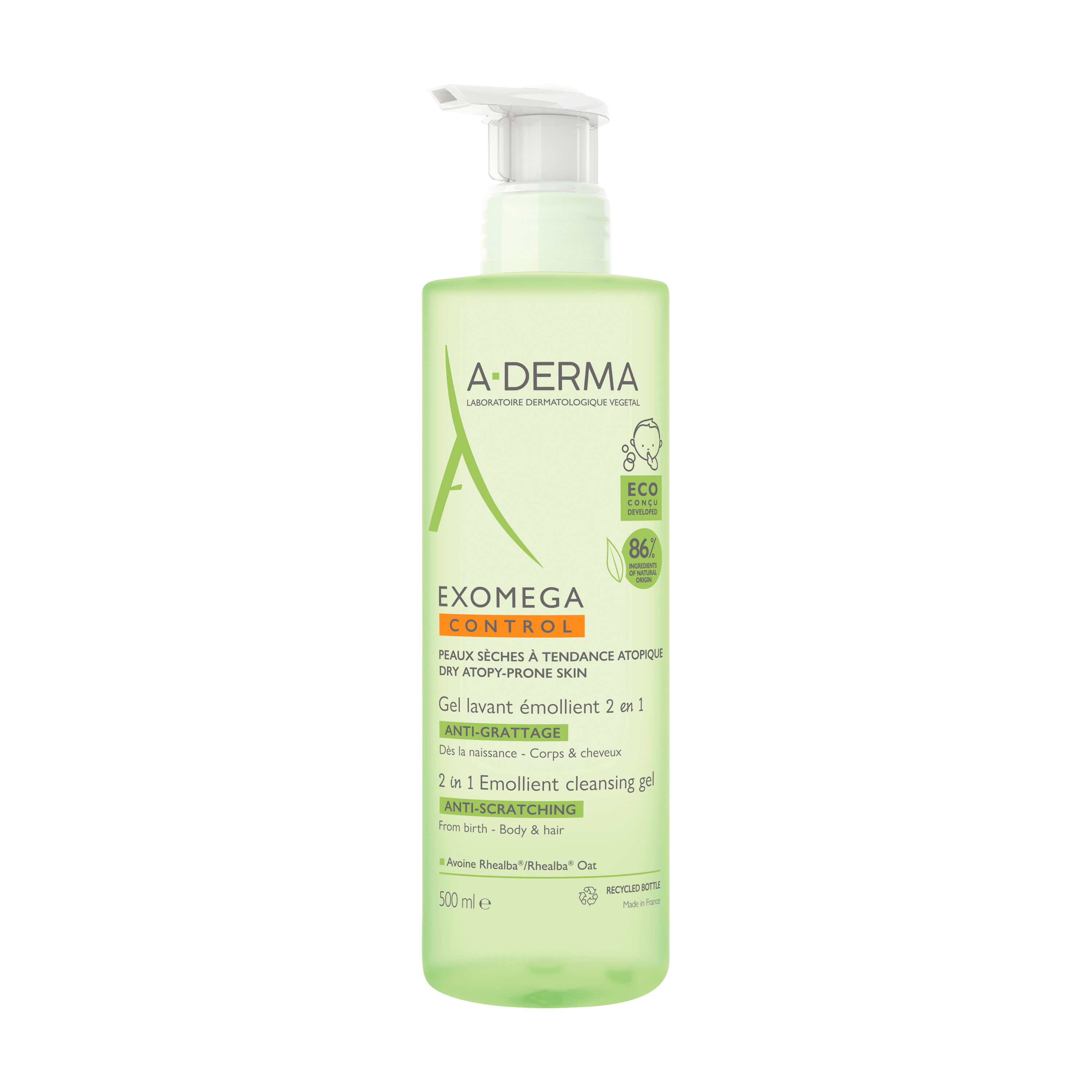 A-Derma Exomega Control Gel Detergente Emolliente 2in1, viso corpo, capelli, Lenisce la sensazione di prurito, Elimina la crosta lattea, Pelle secca a tendenza atopica, 500ml 