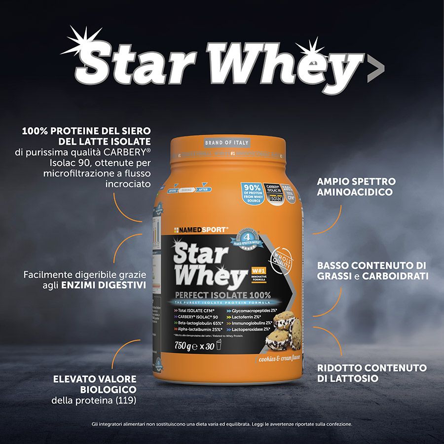 Named Sport - Star Whey Isolate Gusto Cookies & Cream 750 g - Proteine Isolate Del Siero Del Latte In Polvere