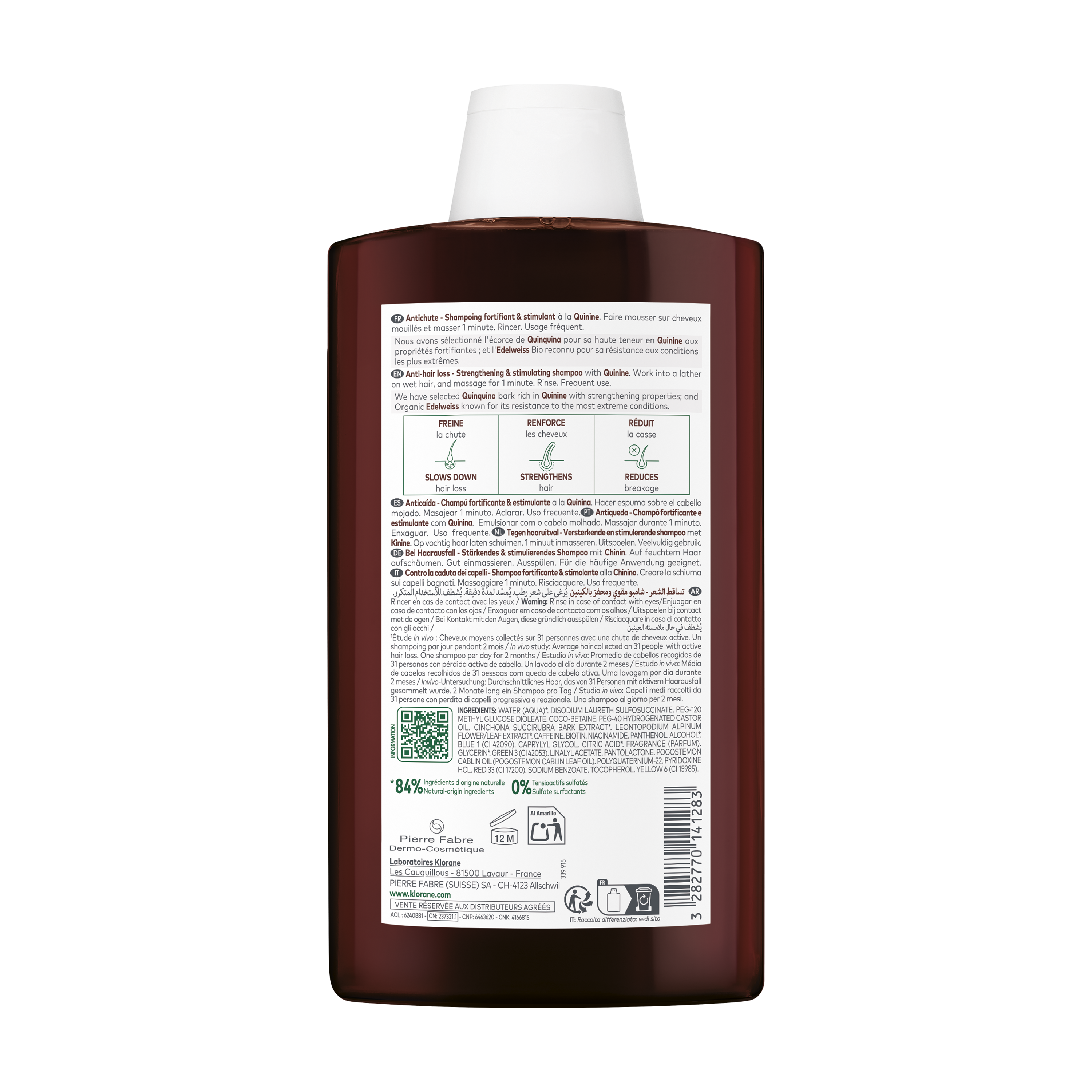 Klorane Shampoo Fortificante e Stimolante alla Chinina, contro la caduta dei capelli, 400ml