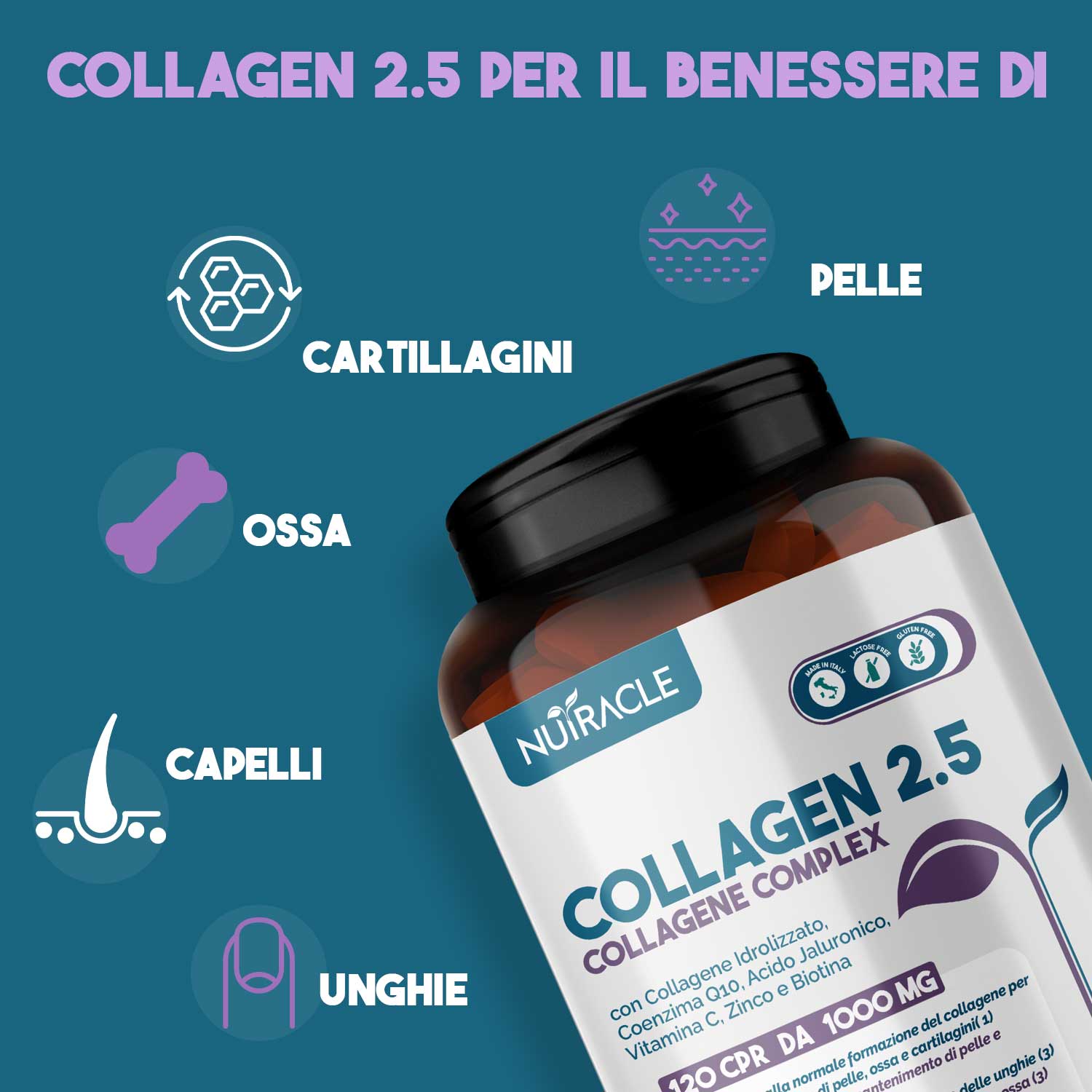 Nutracle Collagen 2,5 - Integratore Per Capelli, Pelle Ed Unghie 120 Compresse