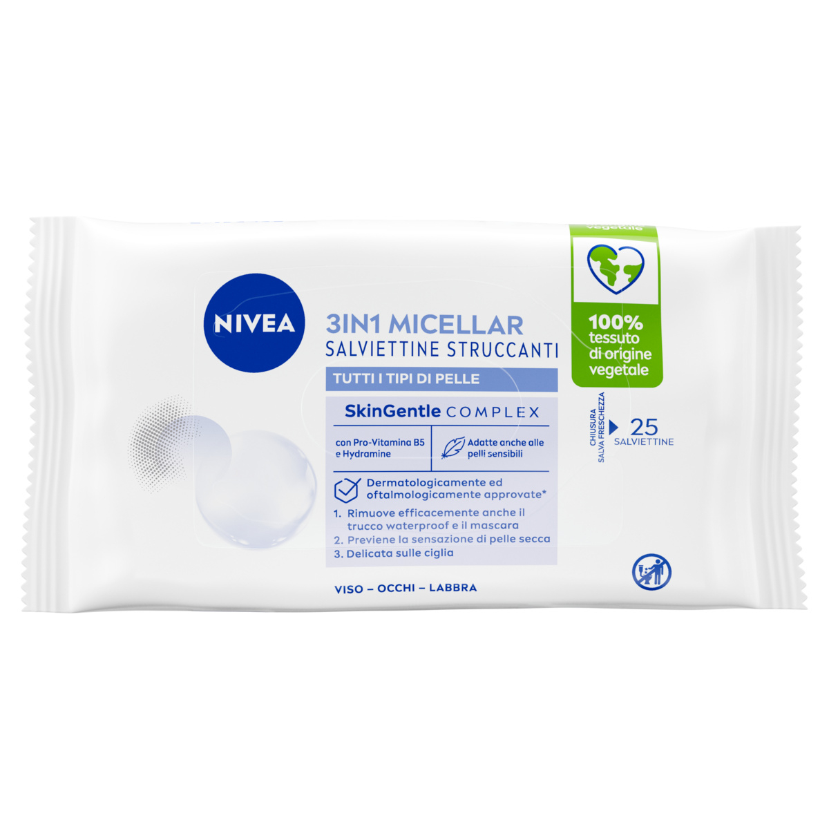 Nivea Salviettine Struccanti 3in1 Micellar 25 Pezzi, Salviettine delicate per occhi, viso e labbra