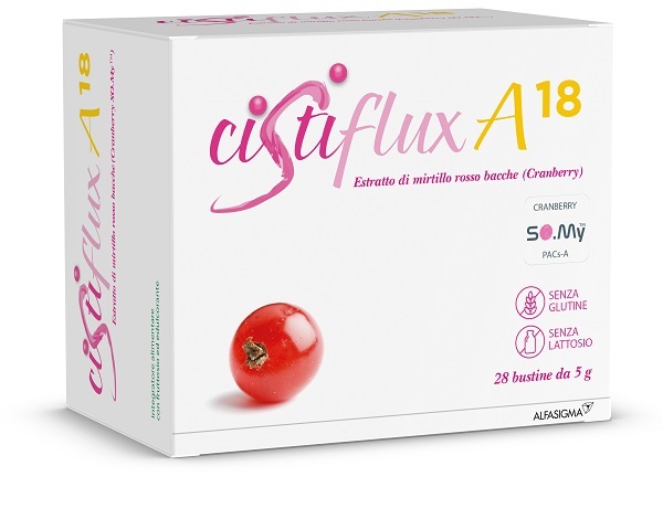 Cistiflux A18, Integratore Alimentare a Base di Estratto Concentrato di Mirtillo Rosso, Cranberry Americano, Che Favorisce la Funzionalità delle Vie Urinarie, utile in caso di cistite, 28 Bustine, Gusto Frutti di Bosco
