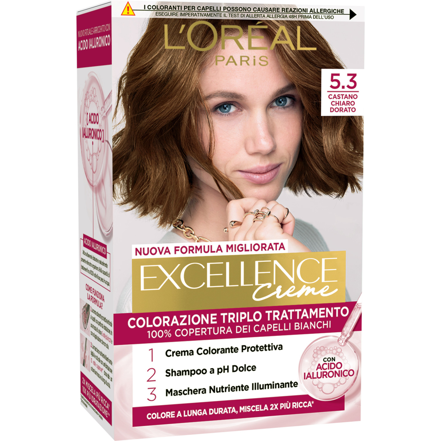 L'Oréal Paris Colorazione Triplo Trattamento Excellence, Con Acido Ialuronico, 100% Copertura Capelli Bianchi, Per Capelli Più Idratati, Castano Chiaro Dorato (5.3)