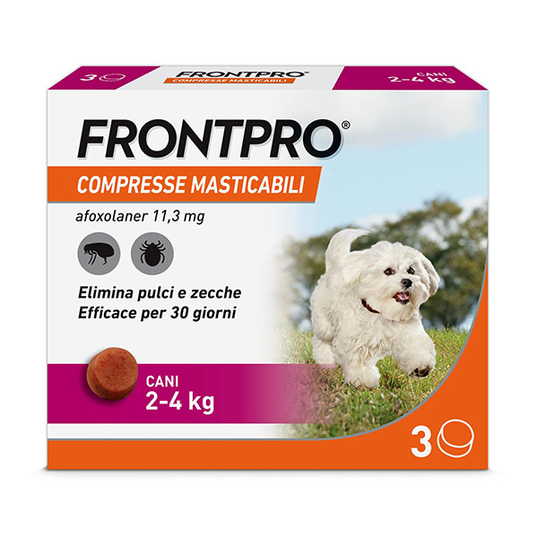 FRONTPRO x3 Compresse Masticabili  Antiparassitario Per Cani (2-4Kg) Contro Pulci, Zecche, Uova e Larve