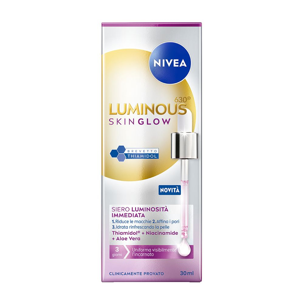 NIVEA Glow Routine Cofanetto regalo donna, Set regalo donna con Luminous630 Skin Glow Siero Viso Luminosità Immediata 30 ml, Labello Burrocacao Labbra Glowy Lips 10 ml e travel bag omaggio inclusa