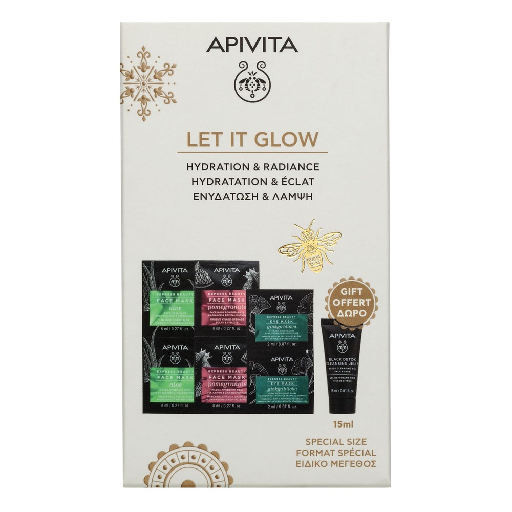 Apivita Let It Glow Cofanetto Regalo - 2 Maschere All'Aloe + 2 Maschere Al Melograno + 2 Maschere Al Ginkgo Biloba + Gel Detergente Nero 15 ml