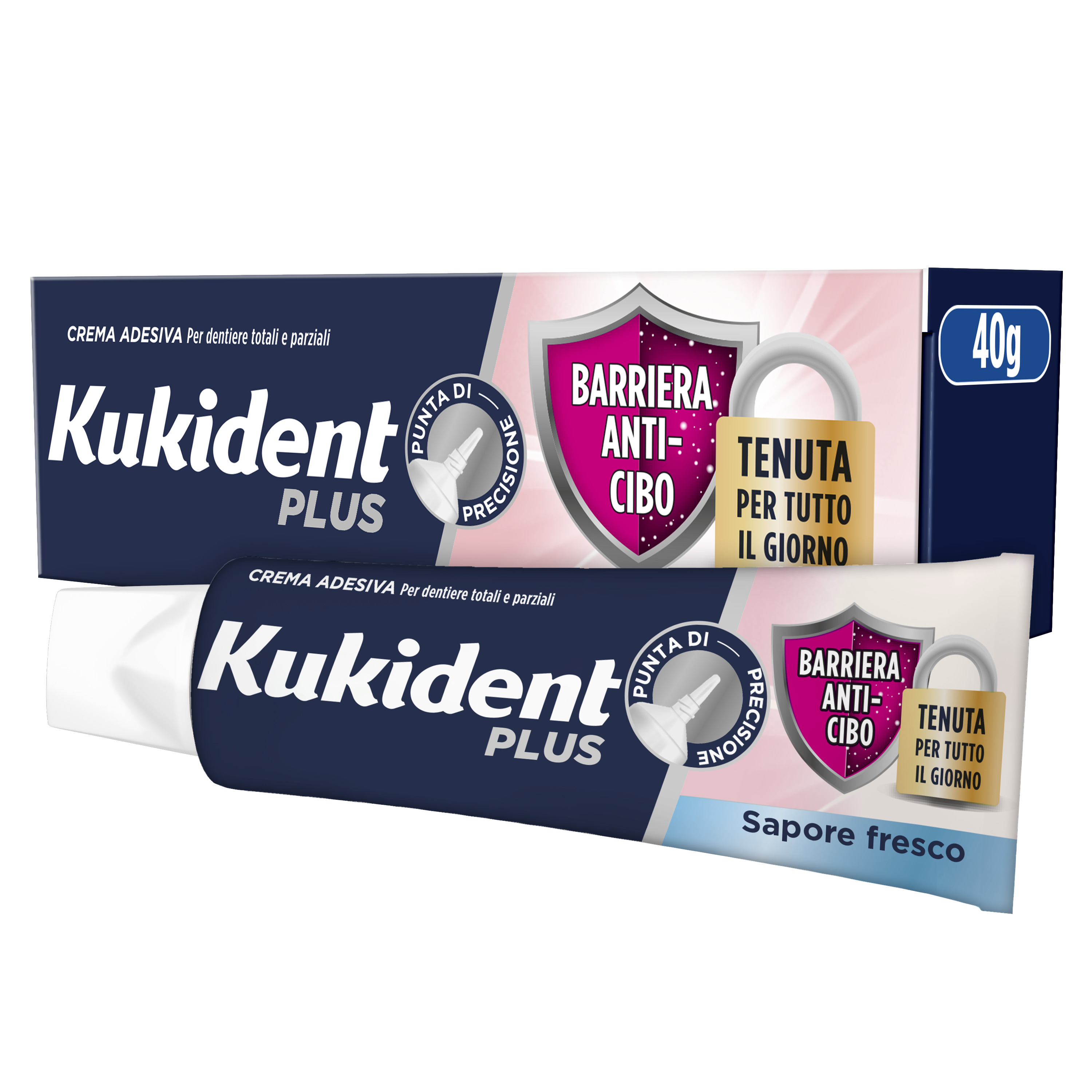 Kukident Plus Barriera Anti-cibo. Crema Adesiva Per Dentiere Totali e Parziali. Sapore Fresco 40g