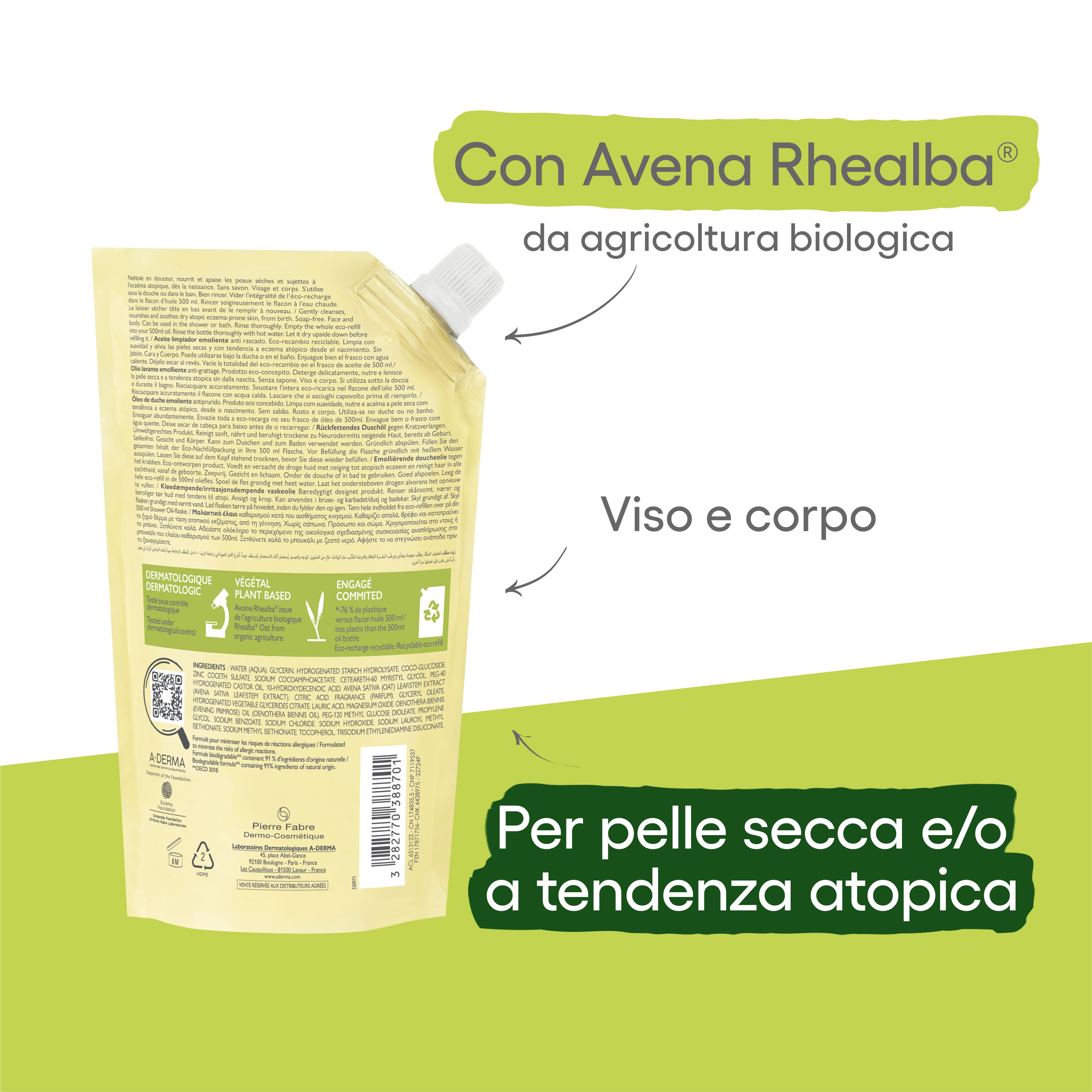 A-Derma Exomega control Special Pack  1+1 Olio lavante emolliente 500ml + Eco Ricarica 500ml, pelle secca e/o a tendenza atopica 