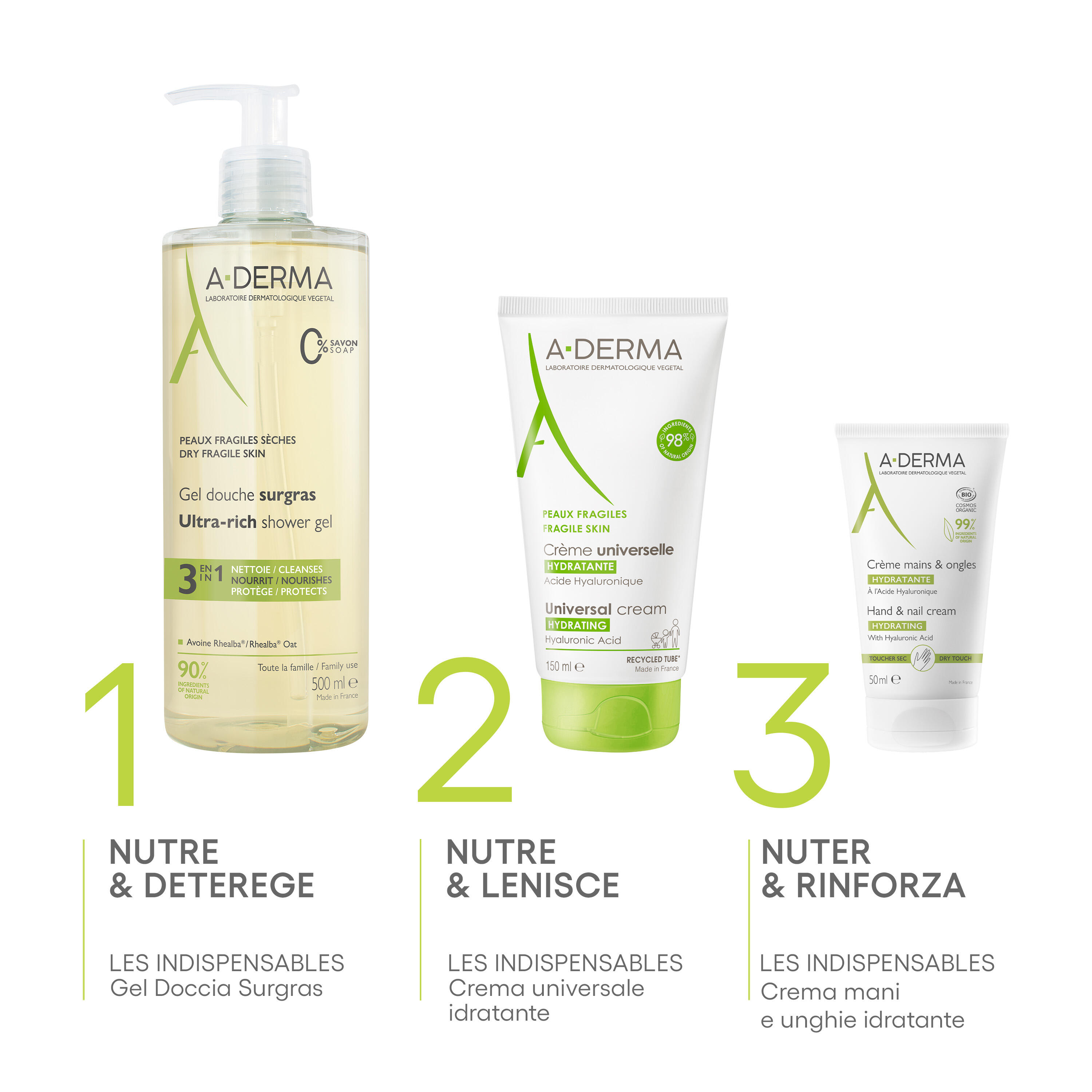 A-Derma - Les Indispensables Gel Doccia Surgras Viso E Corpo Per Pelle Secca E Fragile 500 ml
