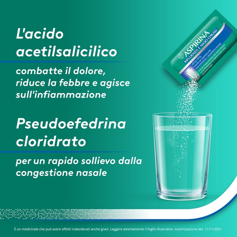 Aspirina Influenza e Naso Chiuso, Granulato per Soluzione Orale, 500mg Acido Acetilsalicilico + 30mg Pseudoefedrina, Effetto Antipiretico e Decongestionante, 20 Bustine Aspirina Influenza e Naso Chiuso, Granulato per Soluzione Orale, 500mg Acido Acetilsalicilico + 30mg Pseudoefedrina, Effetto Antipiretico e Decongestionante, 20 Bustine