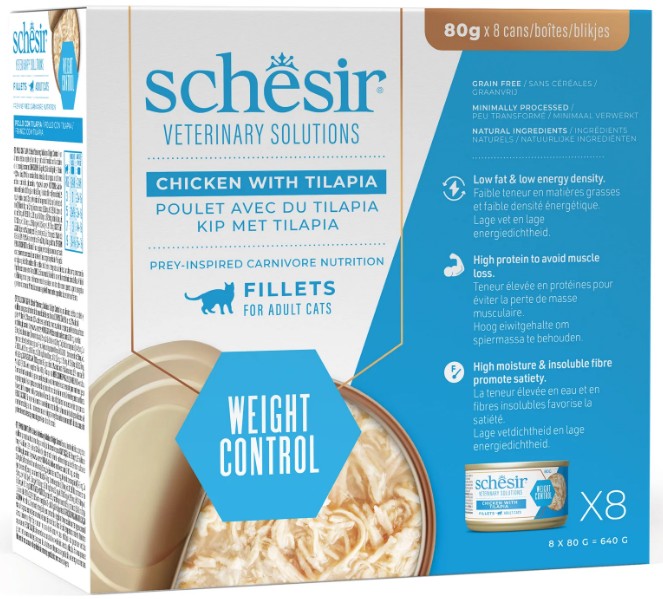 SCHESIR GATTO VETERINARY SOLUTIONS WEIGHT CONTROL MOUSSE POLLO FILETTI DI POLLO PEZZETTI TONNO 3x80GR (lattina) - MULTIPACK