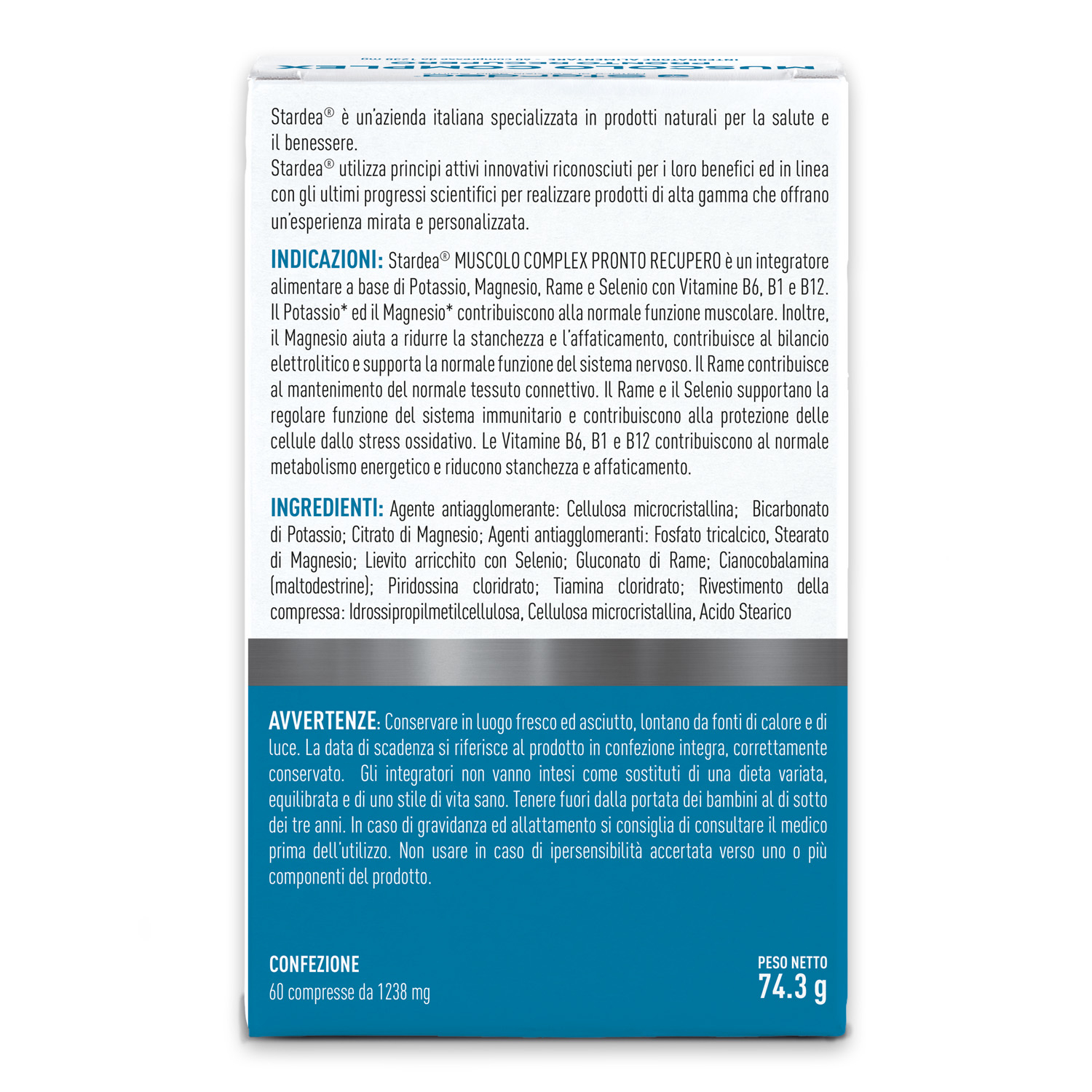 STARDEA MUSCOLO COMPLEX PRONTO RECUPERO Compresse - integratore alimentare a base di Potassio, Magnesio, Rame e Selenio con Vitamine B6, B1 e B12. STARDEA MUSCOLO COMPLEX PRONTO RECUPERO Compresse - integratore alimentare a base di Potassio, Magnesio, Rame e Selenio con Vitamine B6, B1 e B12.
