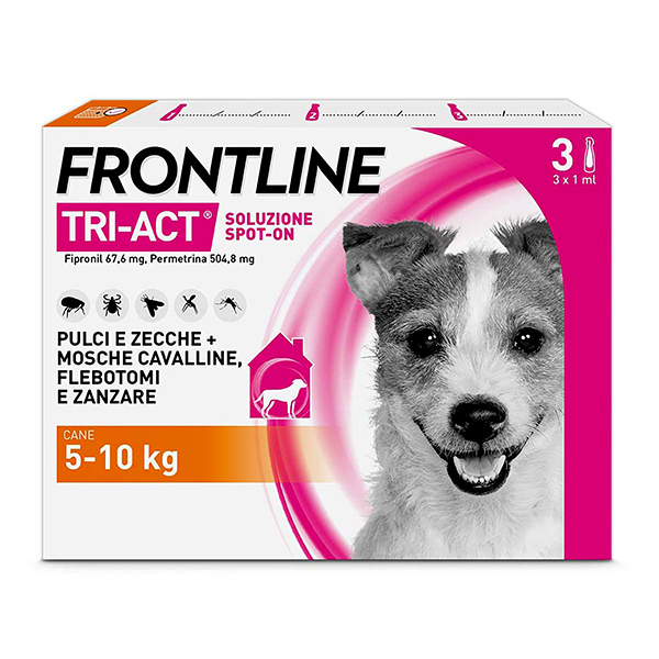 Frontline Tri-Act x3 Pipette, Antiparassitario Per Cani e Cuccioli (Taglia S 5-10Kg) Contro Pulci, Zecche, Zanzare, Pappataci e Leishmaniosi