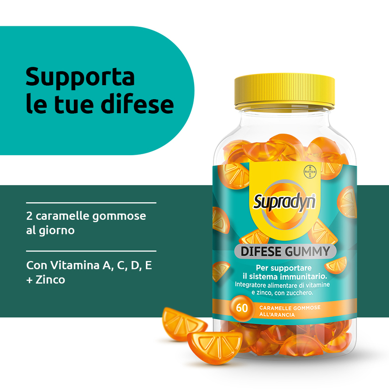 Supradyn Difese Gummy Integratore Multivitaminico con Vitamina C, D e Zinco per Difese Immunitarie degli adulti, Gusto Arancia, 60 Caramelle Gommose Supradyn Difese Gummy Integratore Multivitaminico con Vitamina C, D e Zinco per Difese Immunitarie degli adulti, Gusto Arancia, 60 Caramelle Gommose