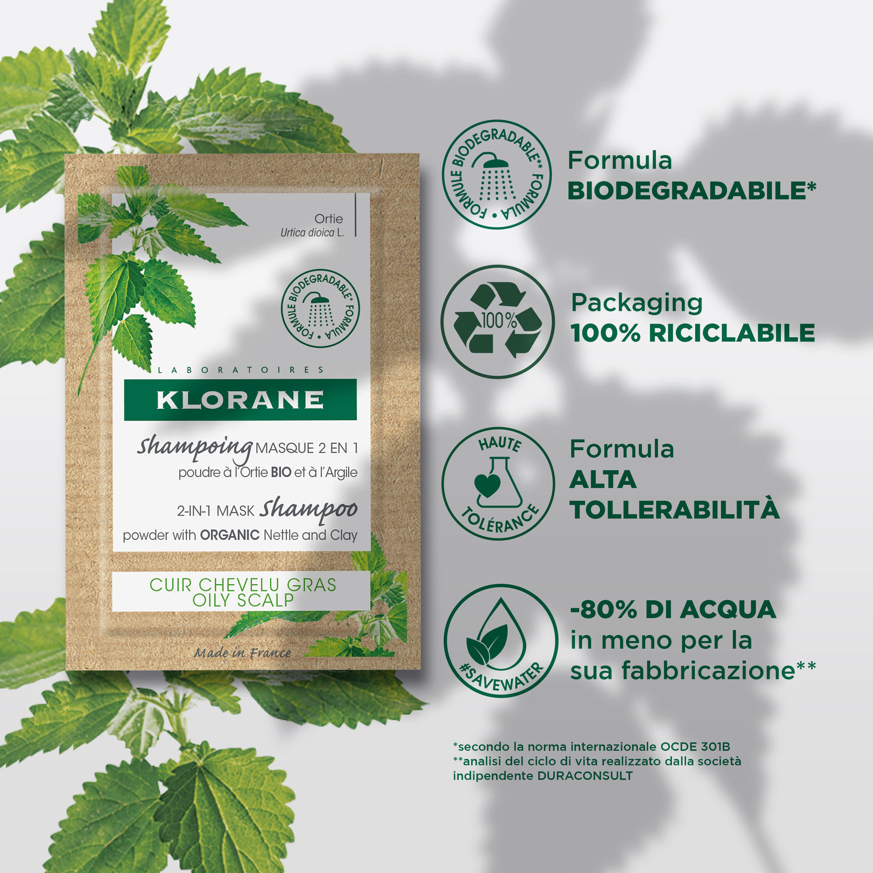Klorane - Shampoo Maschera All'Ortica Bio E Argilla Per Cuoio Capelluto Grasso 8 Bustine