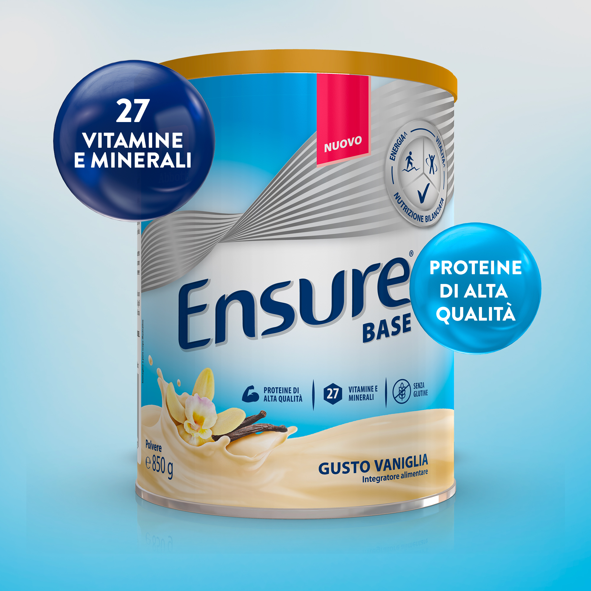 ABBOTT ENSURE BASE: Integratore alimentare che aiuta a sostenere le difese immunitarie e a contrastare stanchezza e affaticamento  - GUSTO VANIGLIA 850 gr 