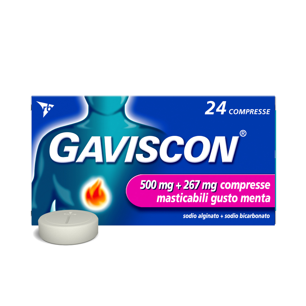 Gaviscon 500 mg + 267 mg - 24 Compresse Masticabili Gusto Menta Contro Bruciore E Acidità Di Stomaco E Sintomi Del Reflusso Gastroesofageo