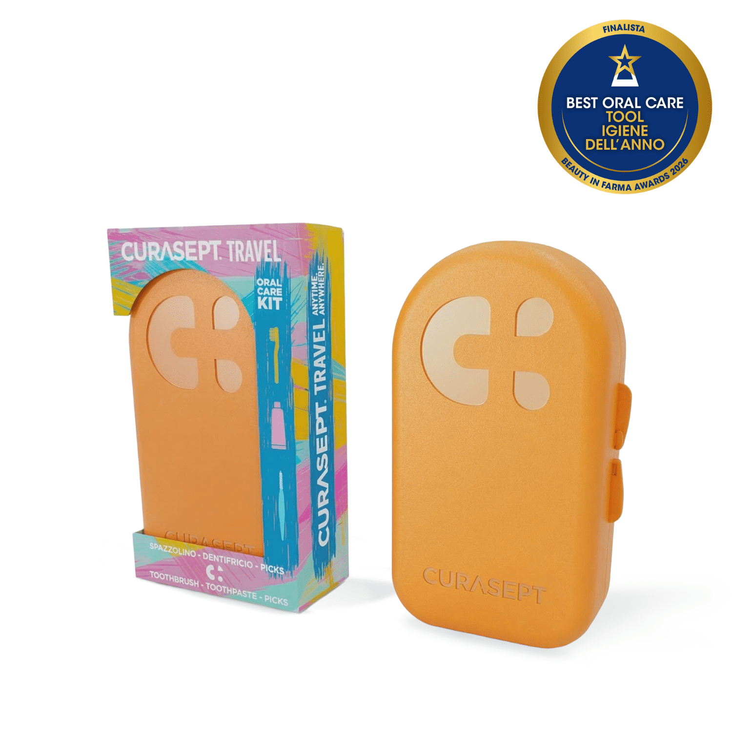 Curasept - Travel Kit - Spazzolino Softline 0,15 + Dentifricio 20 ml + Pick - Colore Arancione