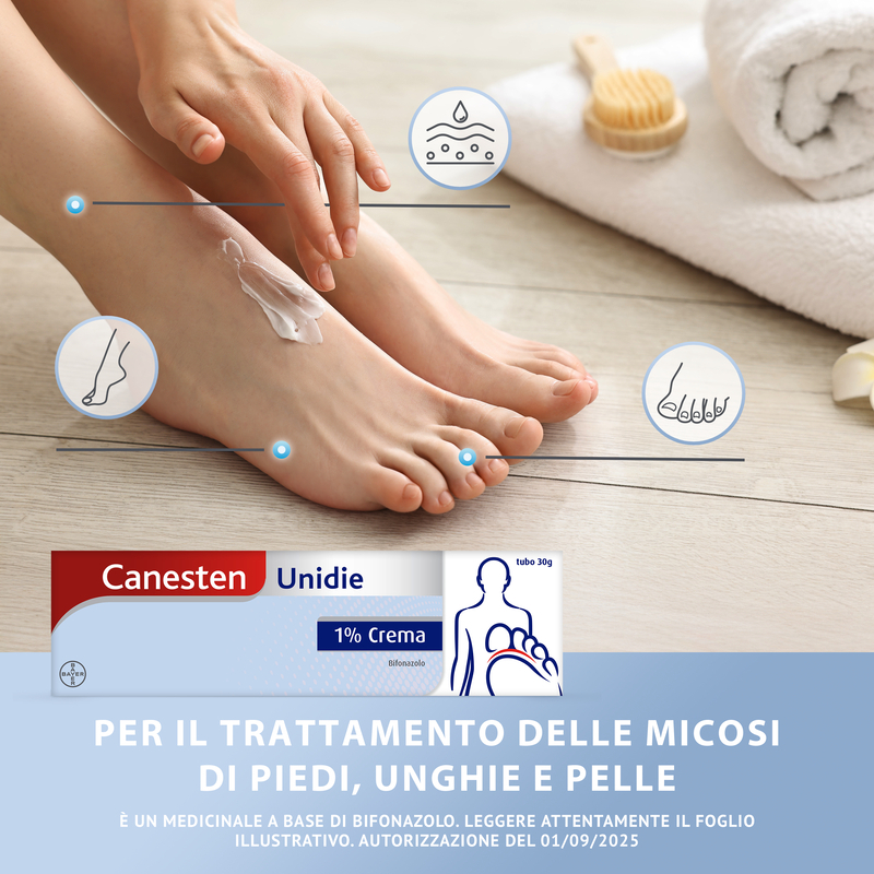 Canesten Unidie Crema Trattamento Funghi, Micosi, Piede d'Atleta, a base di Bifonazolo 1%, con azione Antifungina e Antimicotica, Tubo da 30 gr