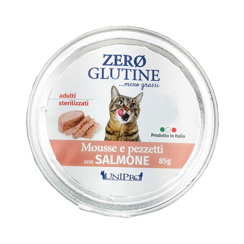 UNIPRO GATTO ZERO GLUTINE ADULTI STERILIZZATI MOUSSE SALMONE 85GR (vaschetta)