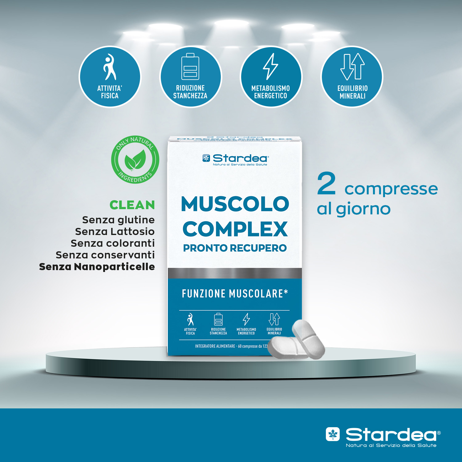 STARDEA MUSCOLO COMPLEX PRONTO RECUPERO Compresse - integratore alimentare a base di Potassio, Magnesio, Rame e Selenio con Vitamine B6, B1 e B12. STARDEA MUSCOLO COMPLEX PRONTO RECUPERO Compresse - integratore alimentare a base di Potassio, Magnesio, Rame e Selenio con Vitamine B6, B1 e B12.