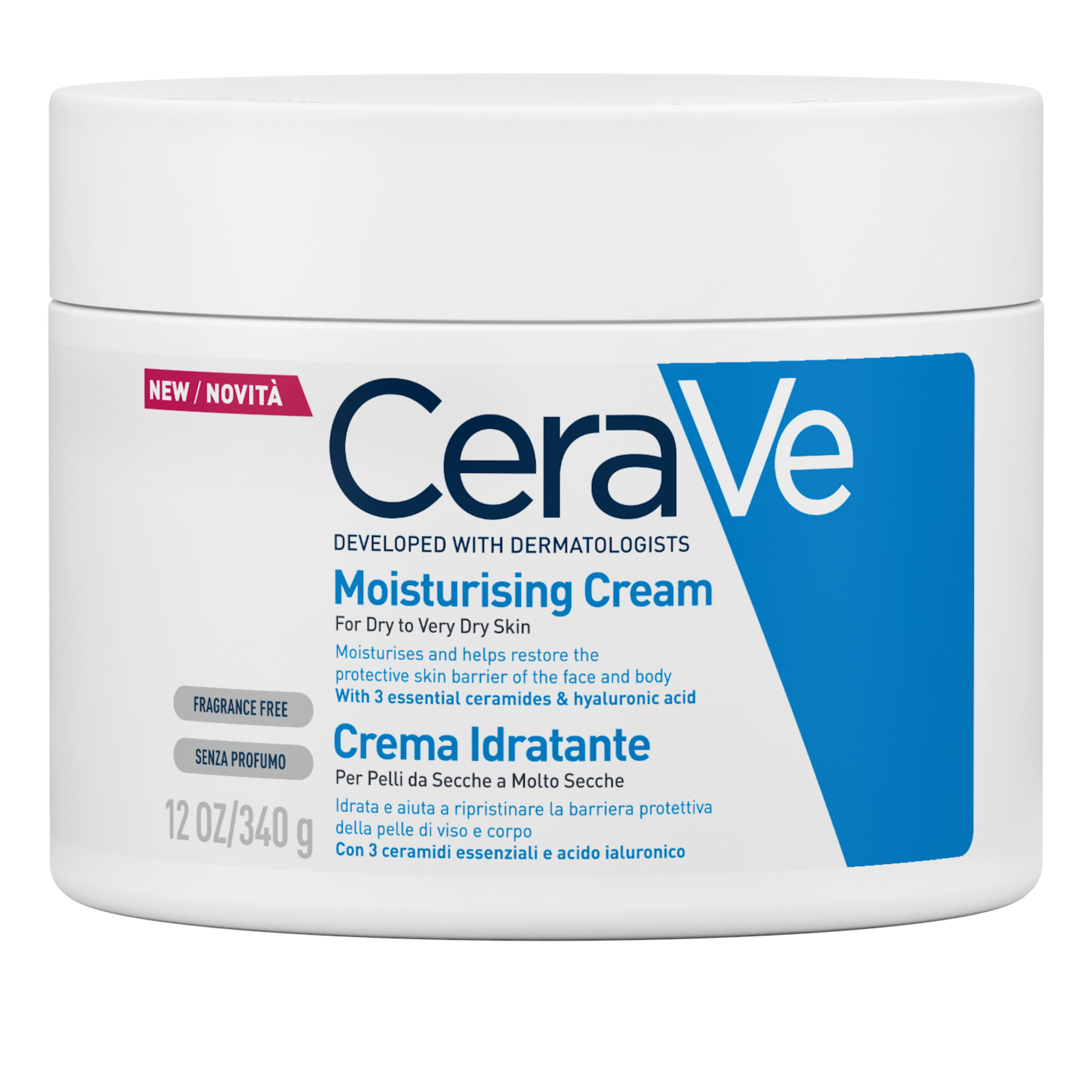 CeraVe Crema Idratante, Per Pelli Da Secche a Molto Secche Per il Corpo e il Viso, 340 g