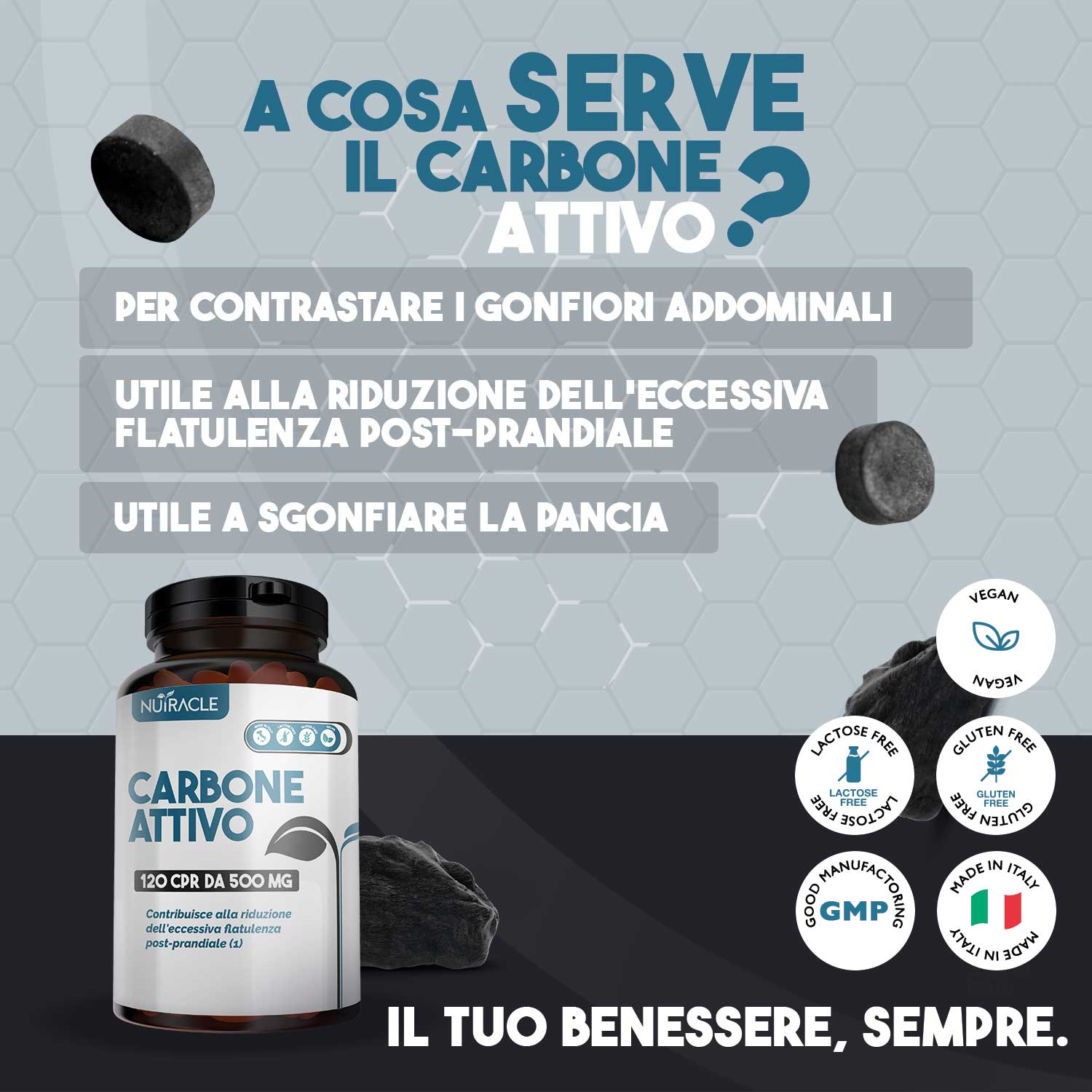 Nutracle Carbone Attivo 120 Compresse - Integratore Per Il Gonfiore Addominale