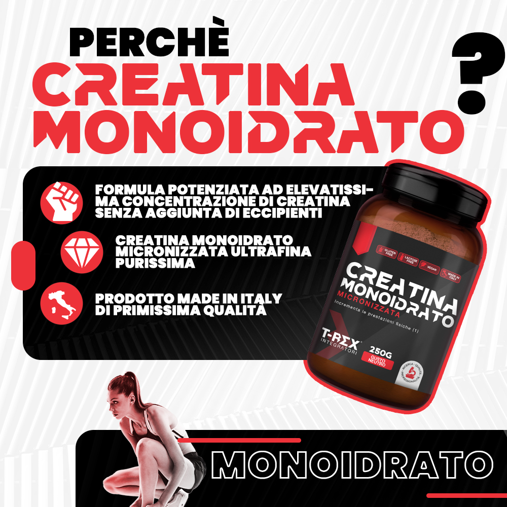 T-Rex Integratori Creatina Monoidrato Micronizzata Gusto Neutro 250 g - Integratore Di Creatina