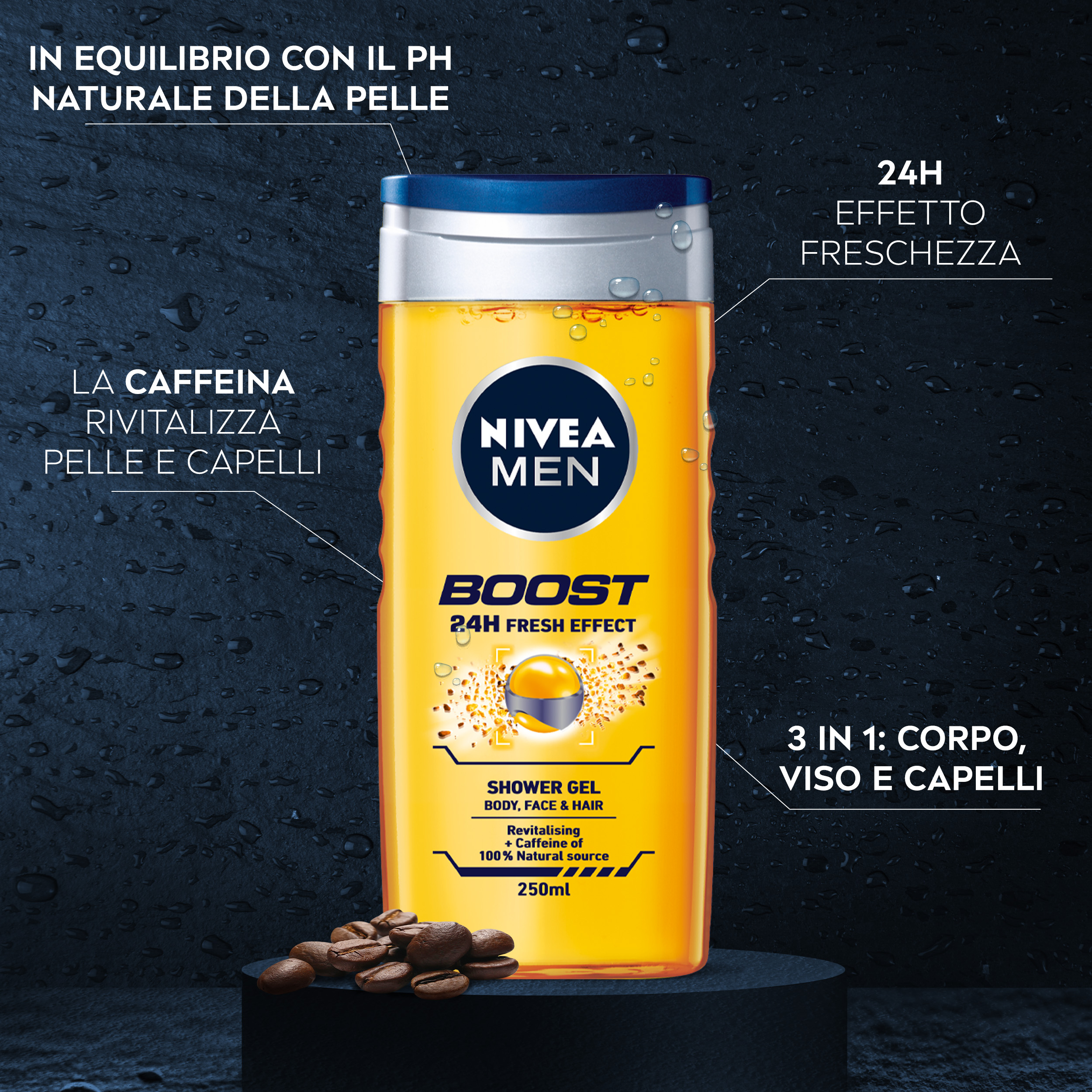 Nivea Men Doccia Shampoo Boost 250 ml, Docciaschiuma uomo energizzante per viso, corpo e capelli