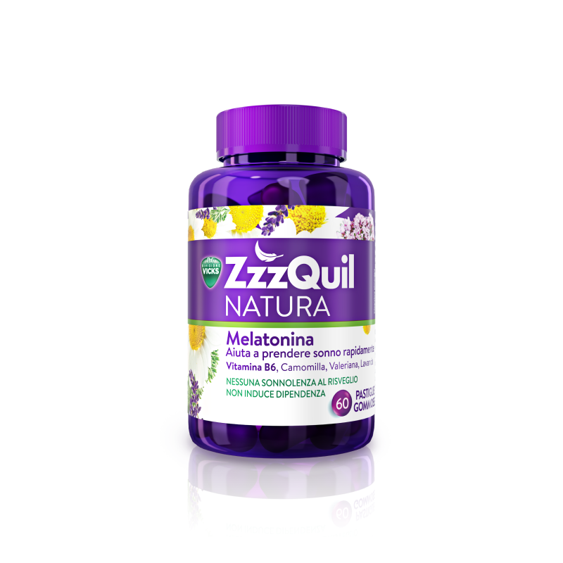 VICKS Integratore per il sonno ZzzQuil NATURA: 60 pastiglie gommose a base di melatonina con camomilla, valeriana e lavanda.