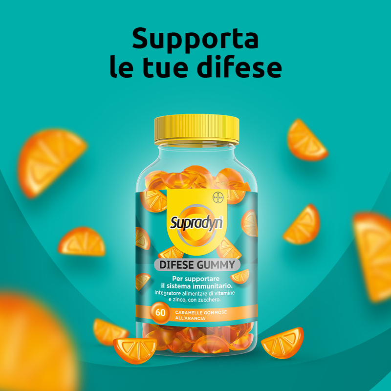 Supradyn Difese Gummy Integratore Multivitaminico con Vitamina C, D e Zinco per Difese Immunitarie degli adulti, Gusto Arancia, 60 Caramelle Gommose Supradyn Difese Gummy Integratore Multivitaminico con Vitamina C, D e Zinco per Difese Immunitarie degli adulti, Gusto Arancia, 60 Caramelle Gommose