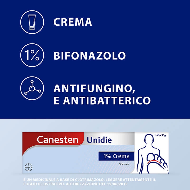 Canesten Unidie Crema Trattamento Funghi, Micosi, Piede d'Atleta, a base di Bifonazolo 1%, con azione Antifungina e Antimicotica, Tubo da 30 gr