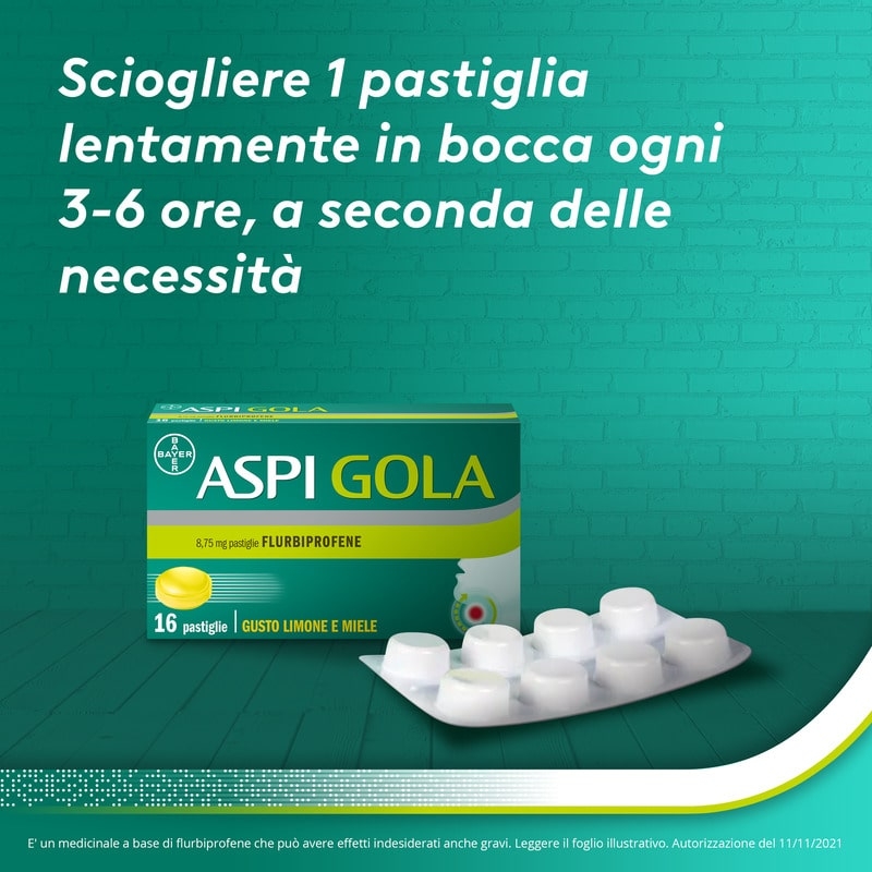 Aspi Gola Pastiglie per la gola infiammata, con 8,75 mg di Flurbiprofene, contro Faringite e Mal di gola, Gusto Limone e Miele 16 Pastiglie Orosolubili Aspi Gola Pastiglie per la gola infiammata, con 8,75 mg di Flurbiprofene, contro Faringite e Mal di gola, Gusto Limone e Miele 16 Pastiglie Orosolubili