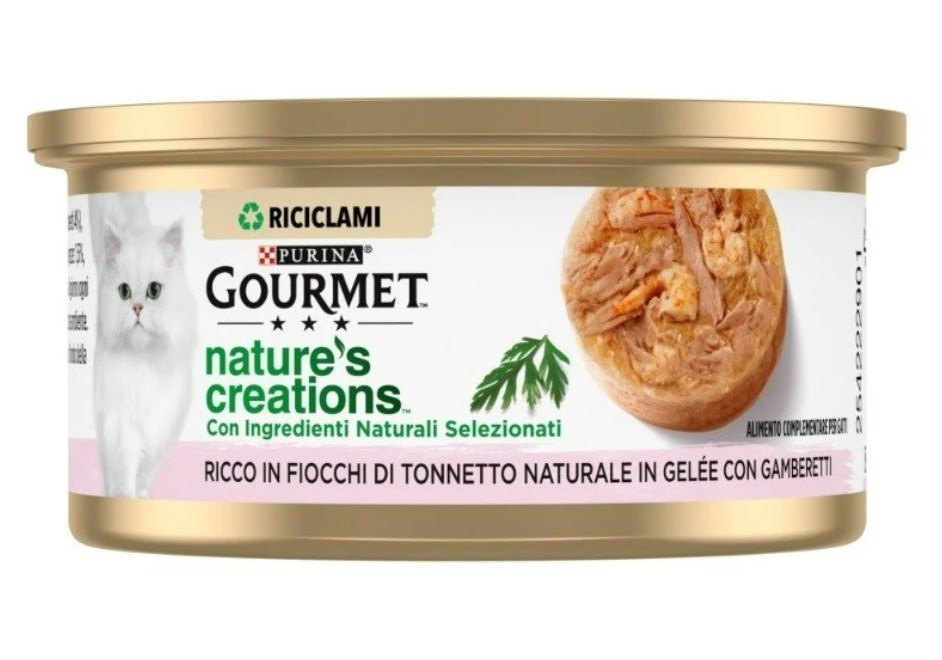 NESTLE' PURINA GOURMET GATTO CREATIONS GELEE JELLY TONNETTO GAMBERETTI 70GR (lattina)