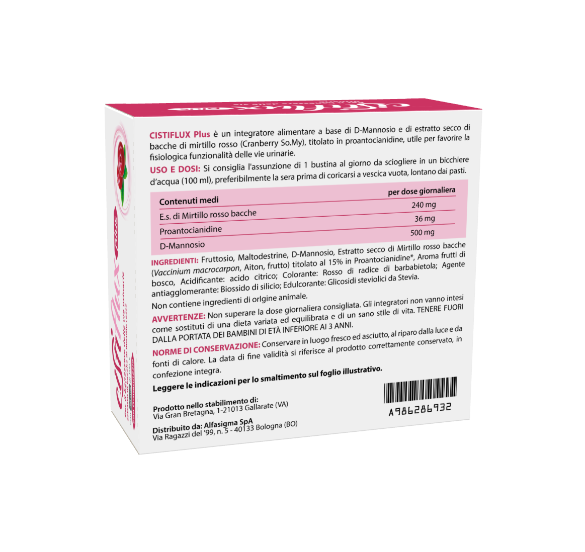 Cistiflux a Plus 36Ed, Integratore a Base di Estratto di Mirtillo Rosso, Cranberry Americano, e D-Mannosio, per Favorire Una Corretta Funzionalità delle Vie Urinarie, utile in caso di cistite, 14 Bustine, Gusto Frutti di Bosco