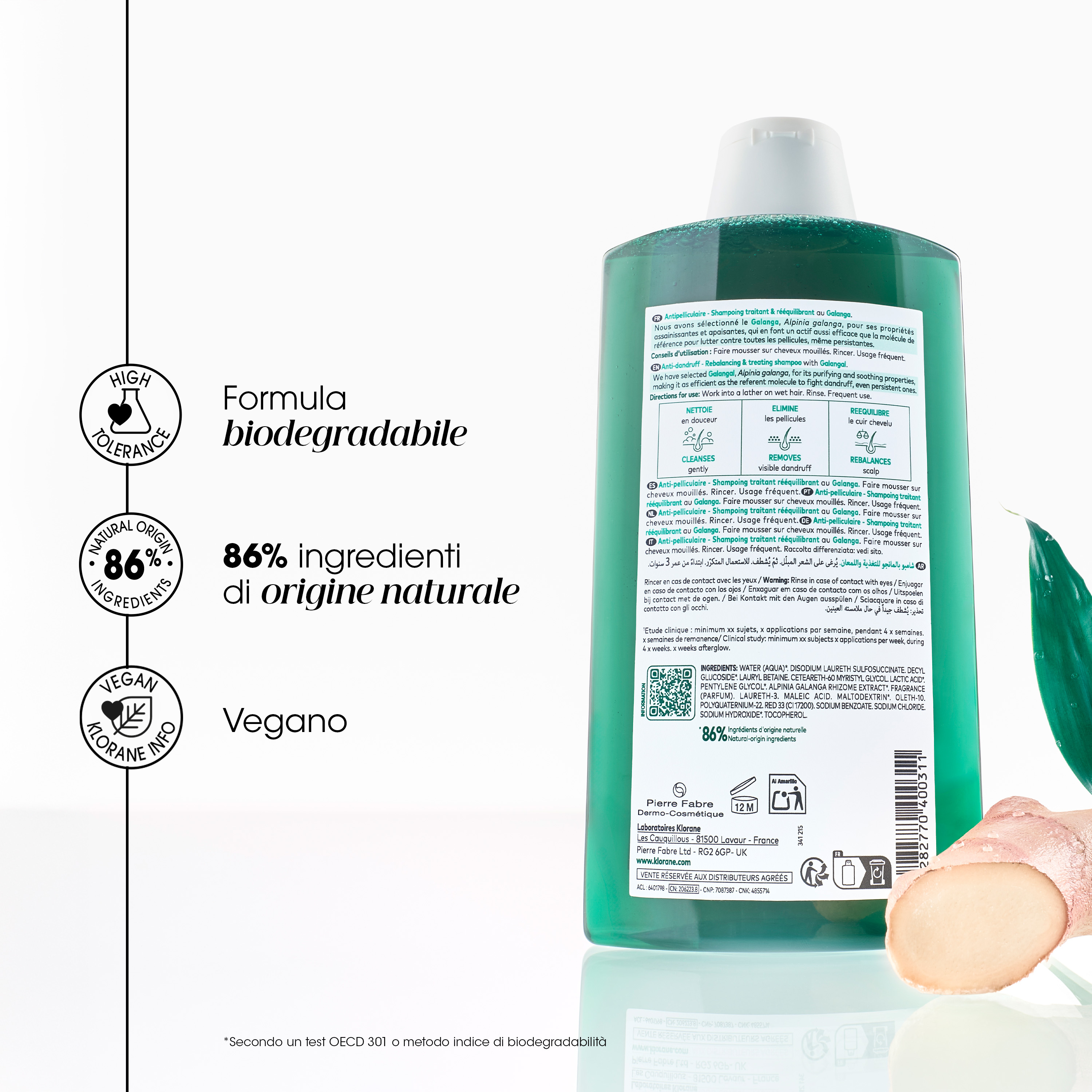 Klorane Anti-Forfora Shampoo trattante e riequilibrante alla Galanga, forfora secca e grassa, 400 ml