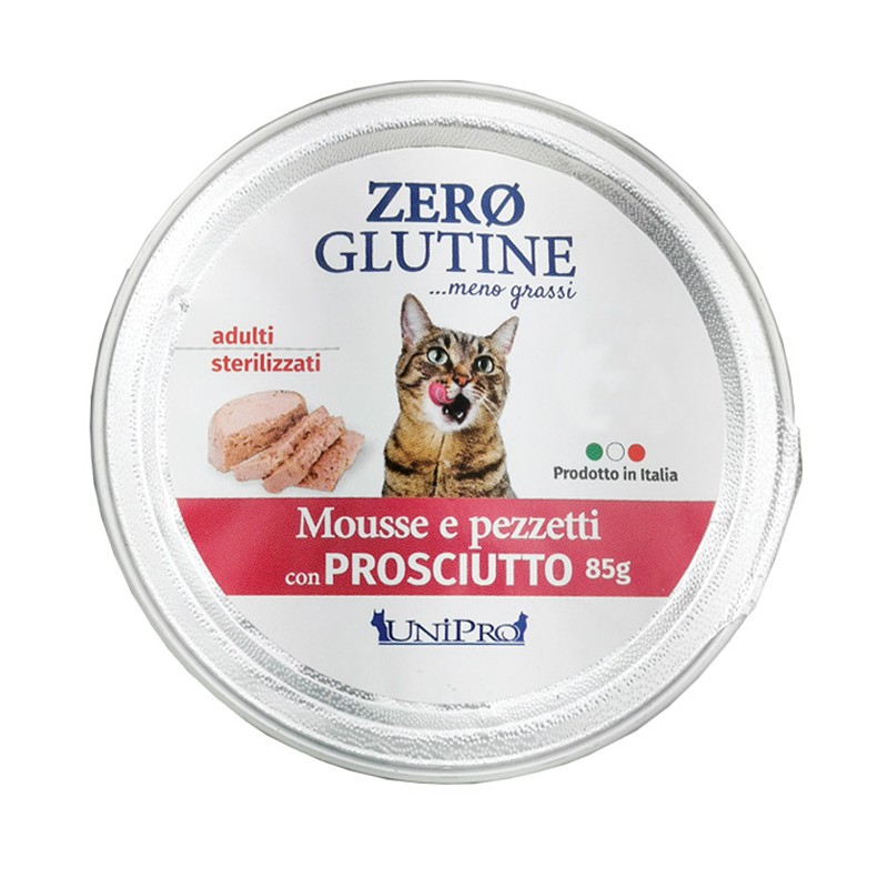 UNIPRO GATTO ZERO GLUTINE ADULTI STERILIZZATI MOUSSE PROSCIUTTO 85GR (vaschetta)