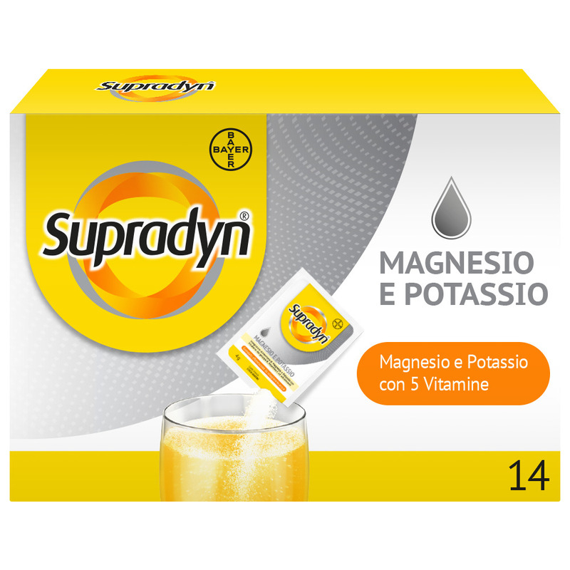 Supradyn Magnesio e Potassio Integratore Multivitaminico  con Vitamine B, Vitamina C e Minerali, in caso di Caldo, Afa e Sport, Gusto Arancia, 14 Bustine Effervescenti
