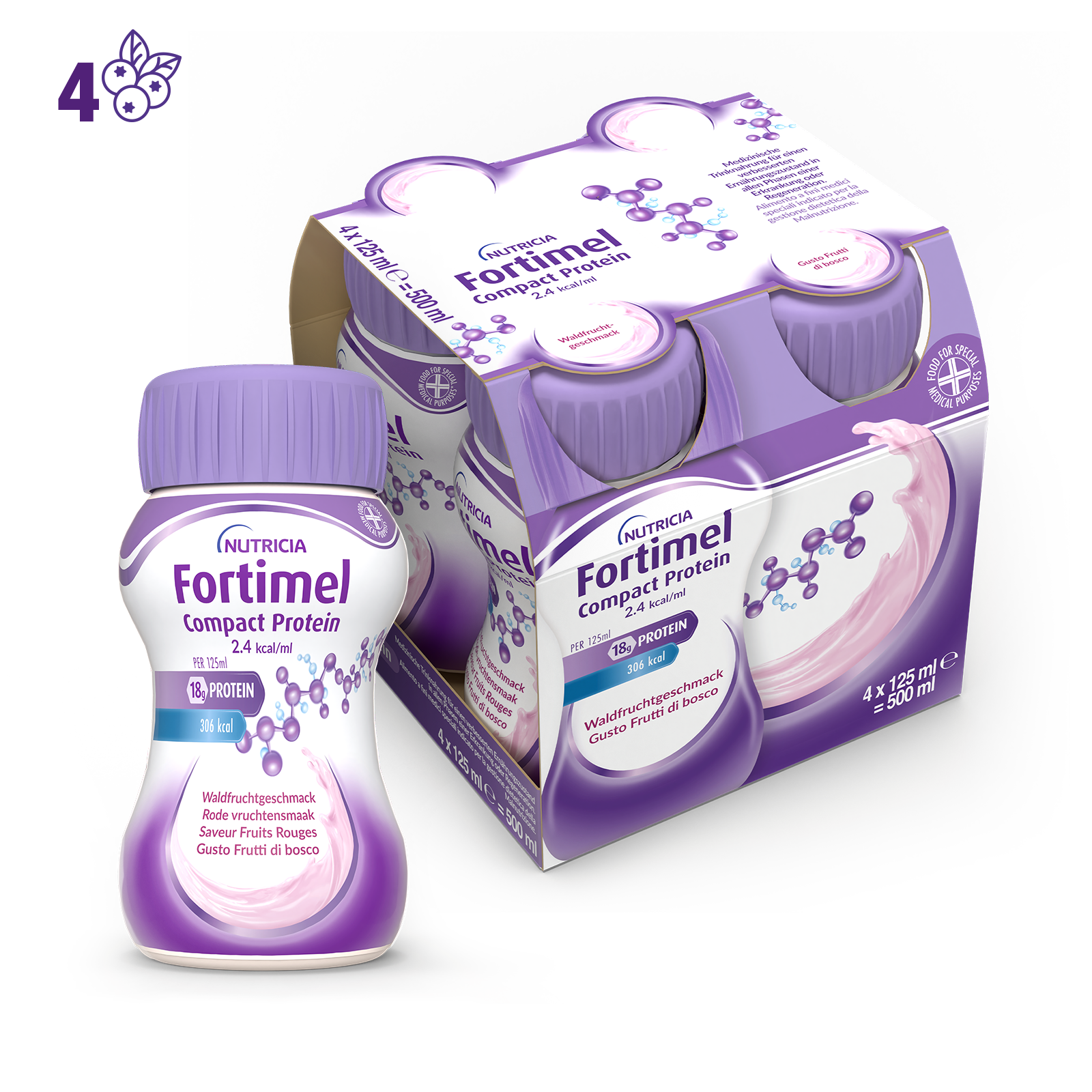 Nutricia Fortimel Compact Protein, Gusto Frutti Di Bosco, Ipercalorico e Iperproteico, 4x125ml Nutricia Fortimel Compact Protein, Gusto Frutti Di Bosco, Ipercalorico e Iperproteico, 4x125ml