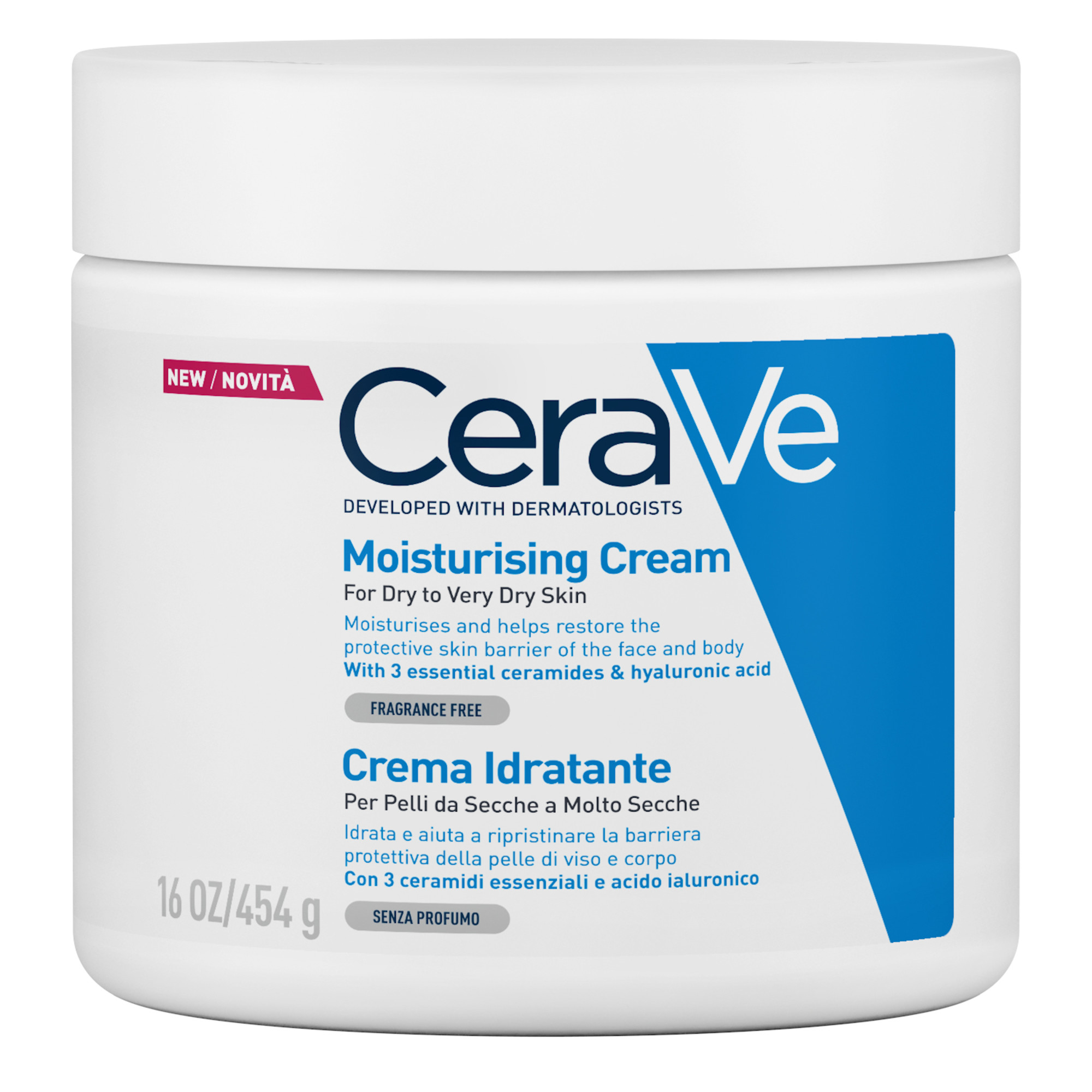 CeraVe Crema Idratante, Per Pelli Da Secche a Molto Secche Per il Corpo e il Viso, 454g