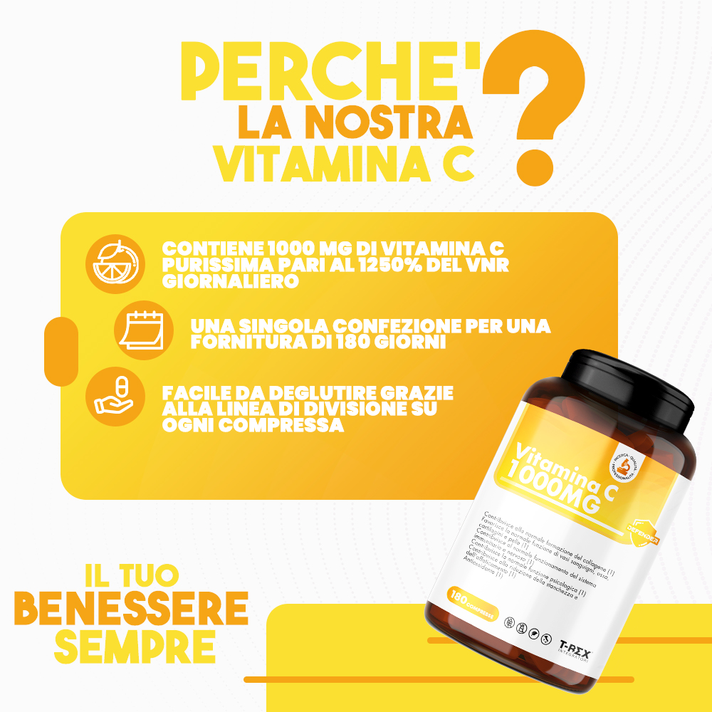 T-Rex Integratori Vitamina C 1000 Mg 180 Compresse - Integratore Per Il Sistema Immunitario