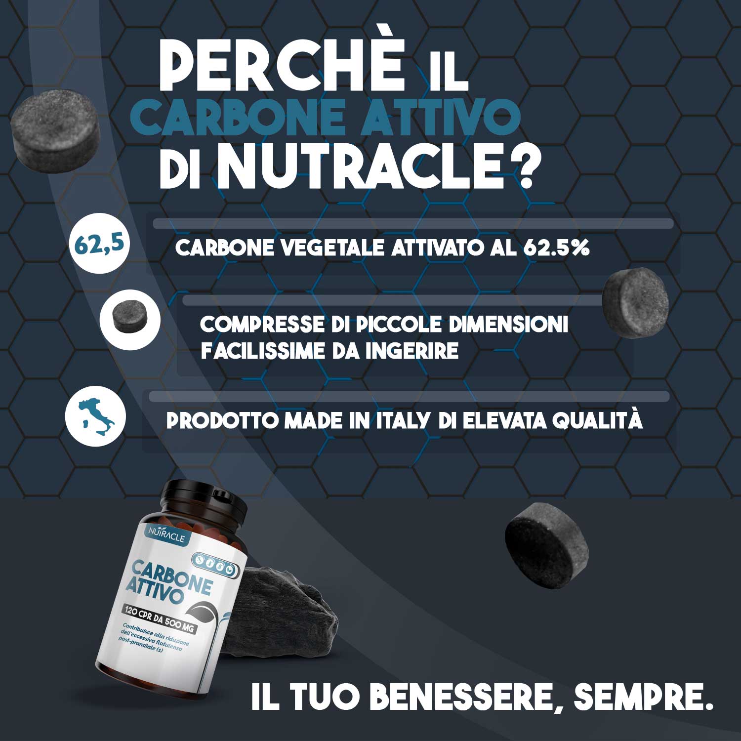 Nutracle Carbone Attivo 120 Compresse - Integratore Per Il Gonfiore Addominale