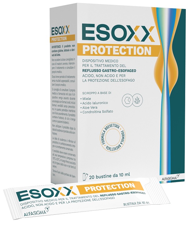 Esoxx Protection -  Dispositivo medico per sintomi da reflusso gastroesofageo, utile in caso di bruciore di stomaco -  20 bustine da 10ml