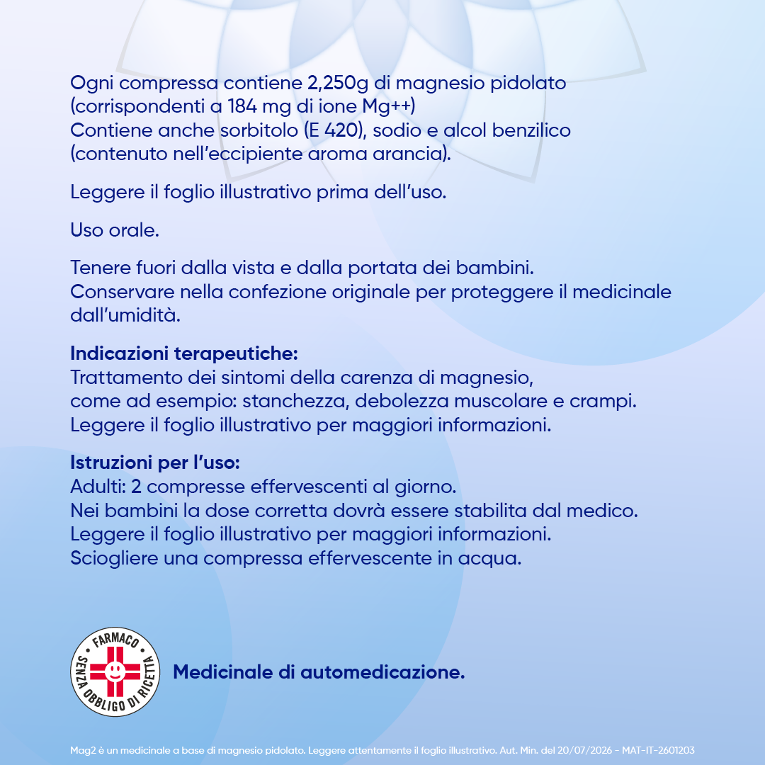 MAG2 Magnesio Pidolato 2,25 g Contro Stanchezza E Debolezza Muscolare 20 Compresse Effervescenti
