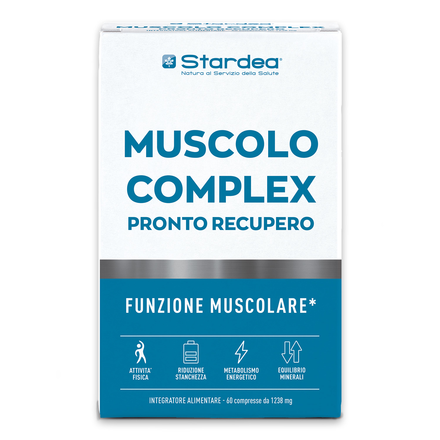 STARDEA MUSCOLO COMPLEX PRONTO RECUPERO Compresse - integratore alimentare a base di Potassio, Magnesio, Rame e Selenio con Vitamine B6, B1 e B12. STARDEA MUSCOLO COMPLEX PRONTO RECUPERO Compresse - integratore alimentare a base di Potassio, Magnesio, Rame e Selenio con Vitamine B6, B1 e B12.
