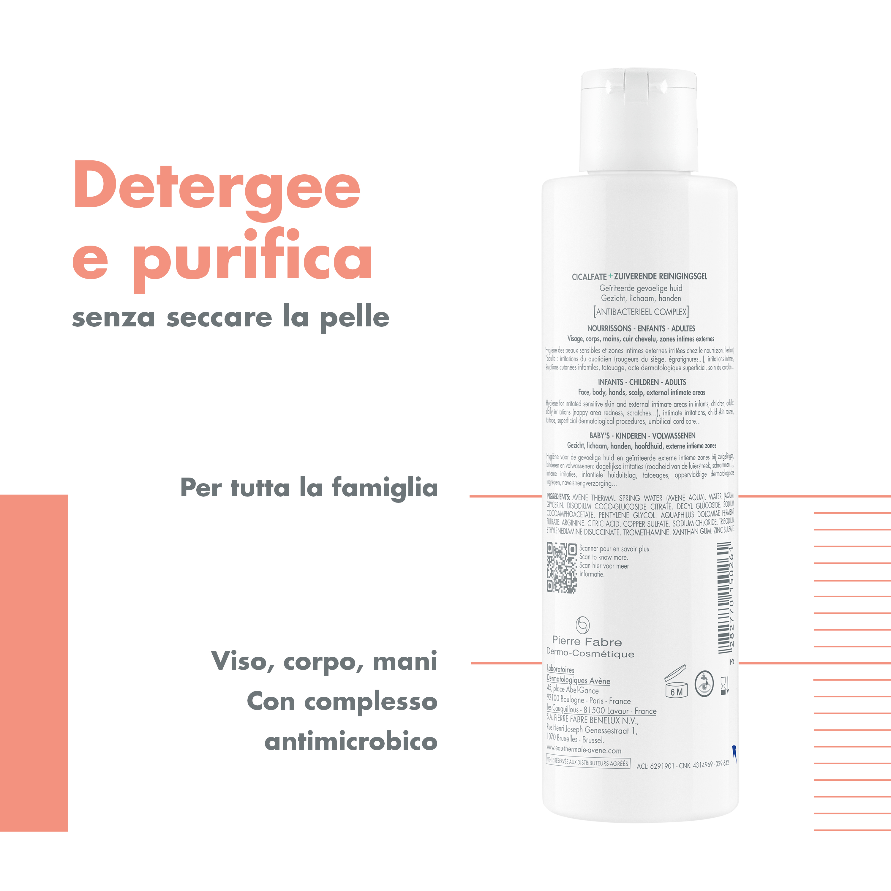 Eau Thermale Avène Cicalfate+ Gel Doccia Detergente Purificante, lenisce e purifica la pelle irritata, viso, corpo, zone intime esterne, mani e cuoio capelluto, con Rame e Zinco, 200ml